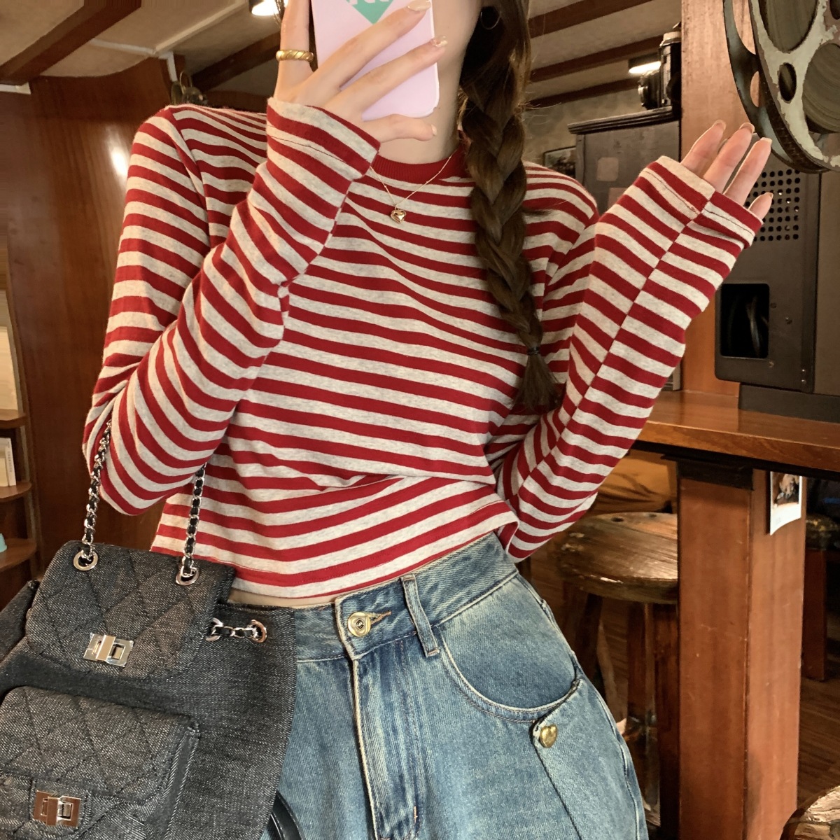 Women's Color-block Striped Long-sleeve T-shirt 2024 Autumn New Casual Slimming Layering Tank Top Short Student Top