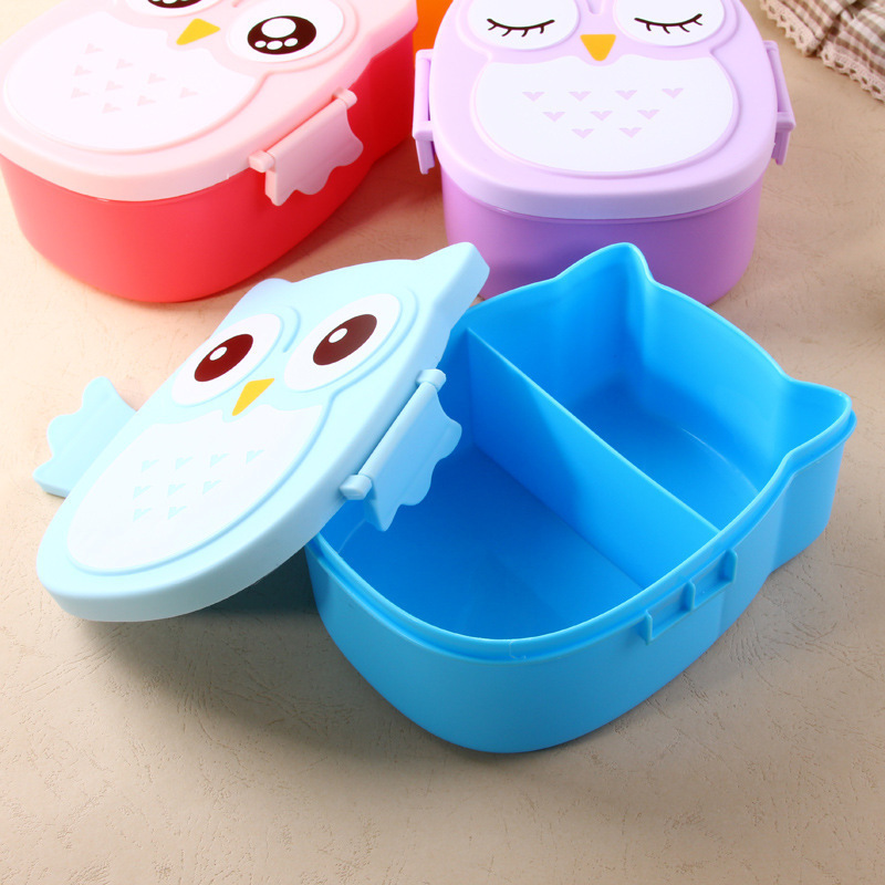 韩国卡通可爱儿童饭盒猫头鹰餐盒分格塑料学生微波便当盒网红保鲜