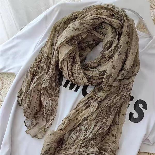 Ethnic Style Cashew Nut Printed Pleated Cotton and Linen Scarf Silk Scarf Women's All-match Autumn and Winter Cold-proof Warm Neck Outer Shawl