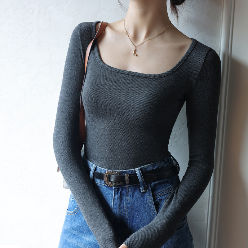 2023 autumn and winter cotton pure black bottoming shirt women's low collar square collar spring and autumn top long sleeve T-shirt inner Korean style slim fit