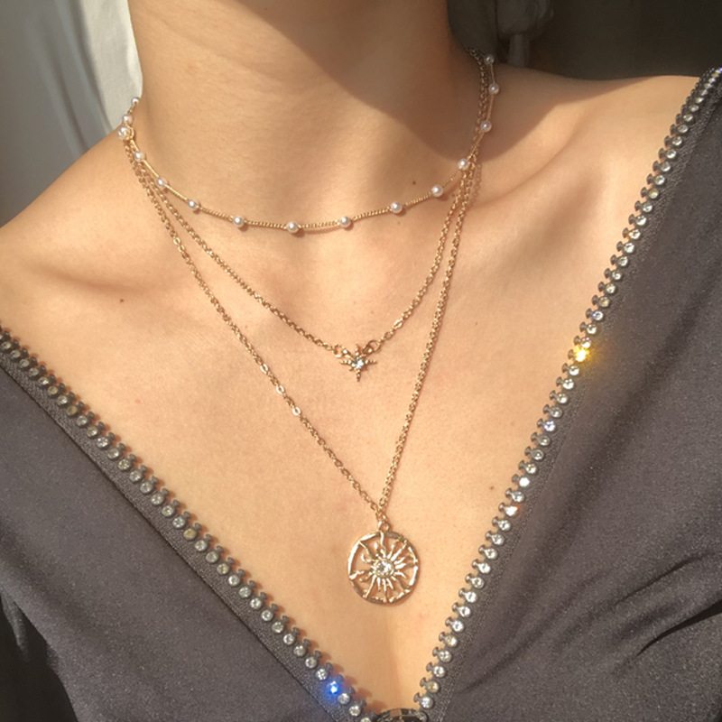 慕尚珍珠芒星太陽花多層項鍊女 歐美復古小眾高級感項鍊項飾批發