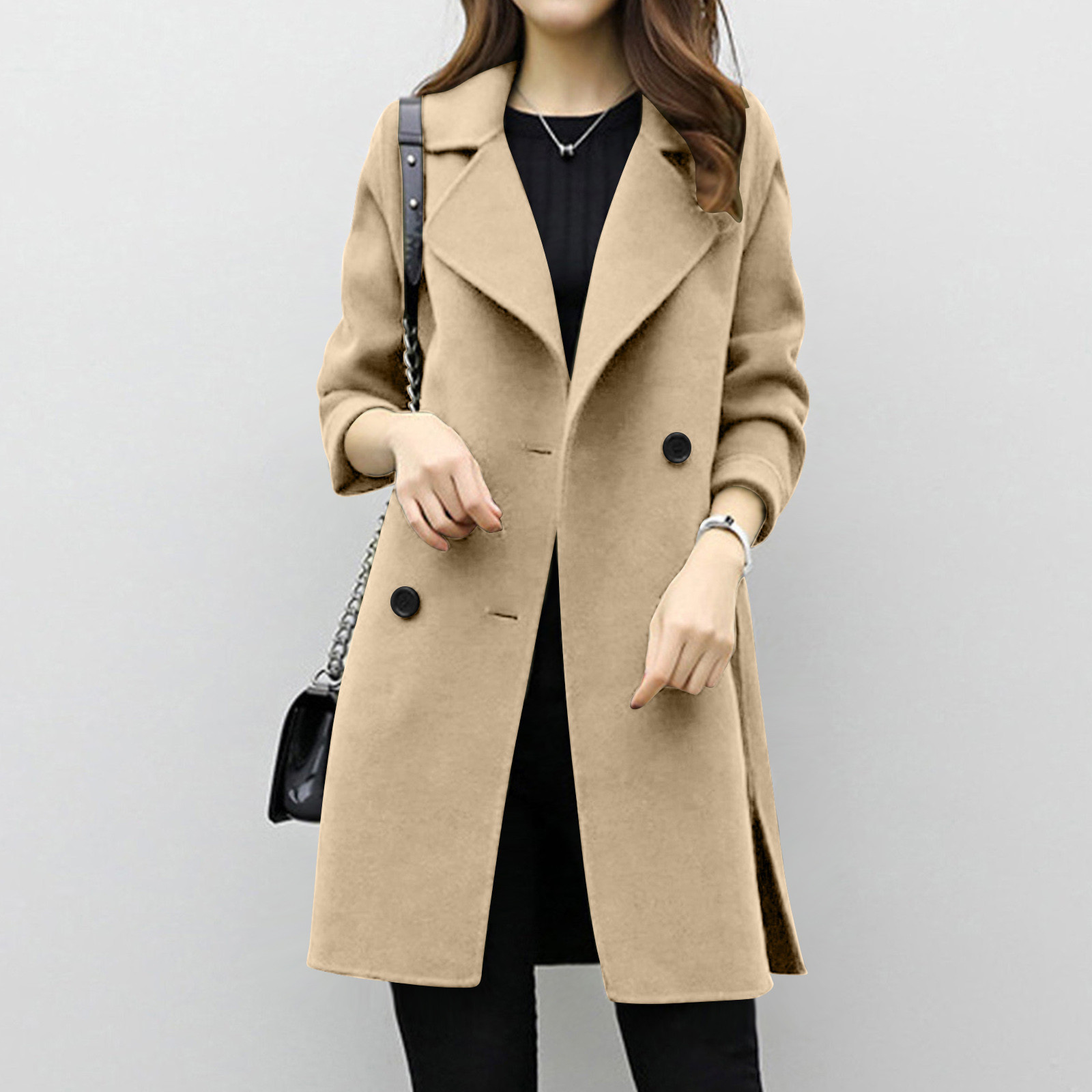 Woolen coat mid-length double-breasted long sleeve solid color woolen coat for women_voghion.com