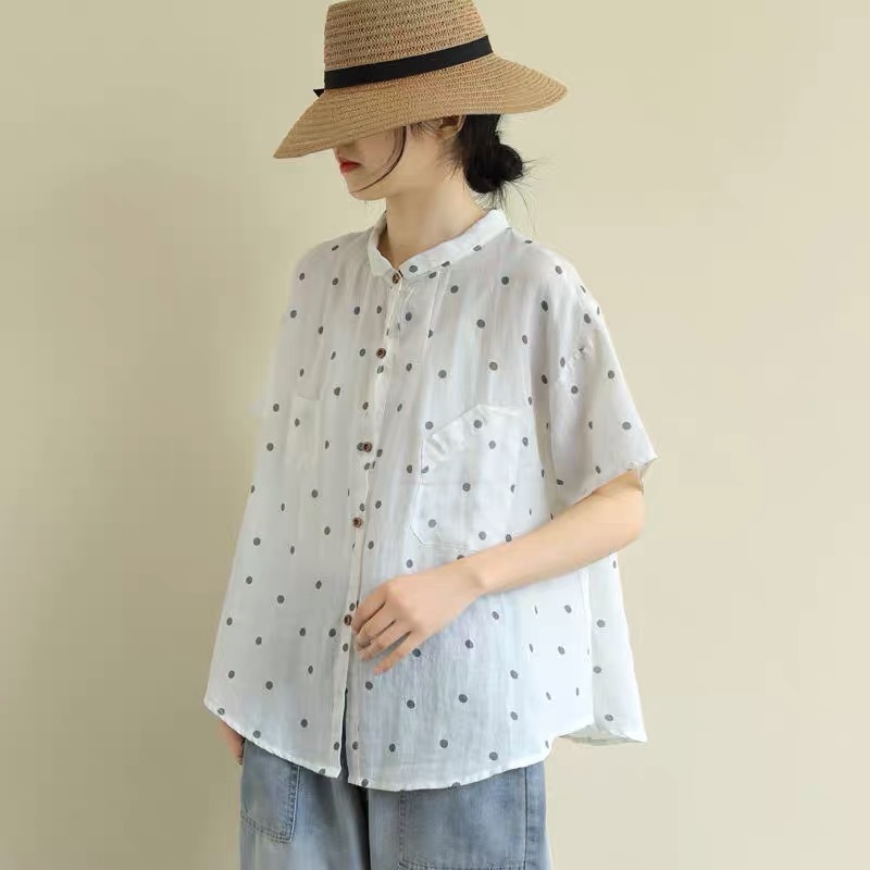 Artistic Retro Polka Dot Cotton Linen Shirt Women's Short-sleeved 2021 Summer Loose Large Size Mori Doll Collar Linen Top