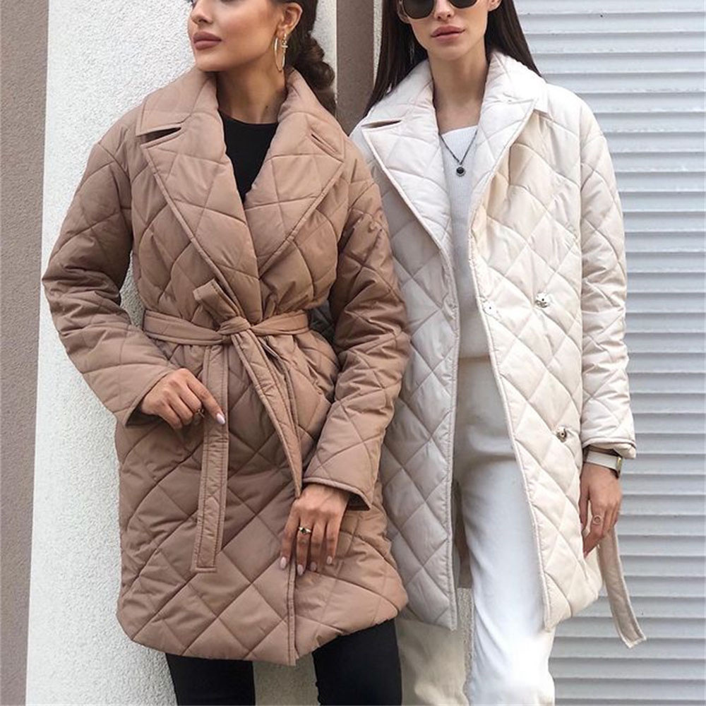 Lapel mid-length cotton-padded jacket 2022 autumn and winter women's clothing new coat fashionable versatile design waist pocket cotton-padded coat women