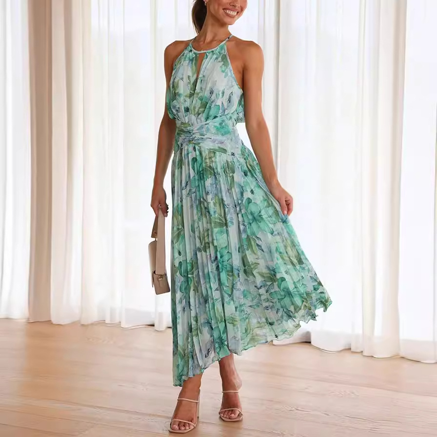 Cross-border Independent Station Amazon 2023 Summer Women's Hanging Neck Sleeveless V-Neck Printed Large Swing Dress