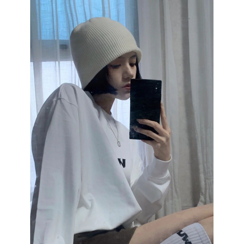 Qiheng white knitted hat for women autumn and winter Korean style fashionable all-match solid color big head circumference wool pullover hat confinement