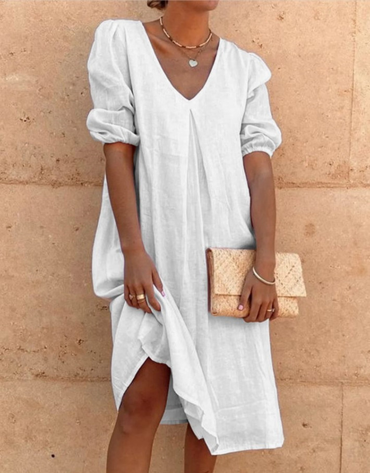 2022 Europe and the United States cross-border Amazon wish cotton and linen solid color fashion long sleeve long casual long dress