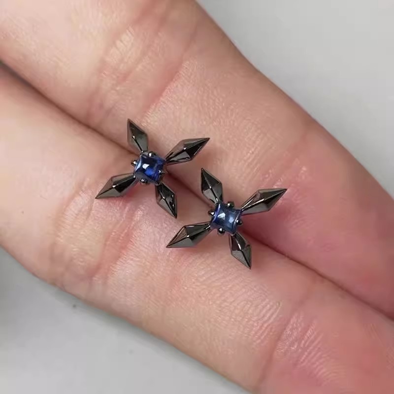 Mercury stud earrings inlaid with blue zircon High sense 2023 men's trendy personality niche earrings for women