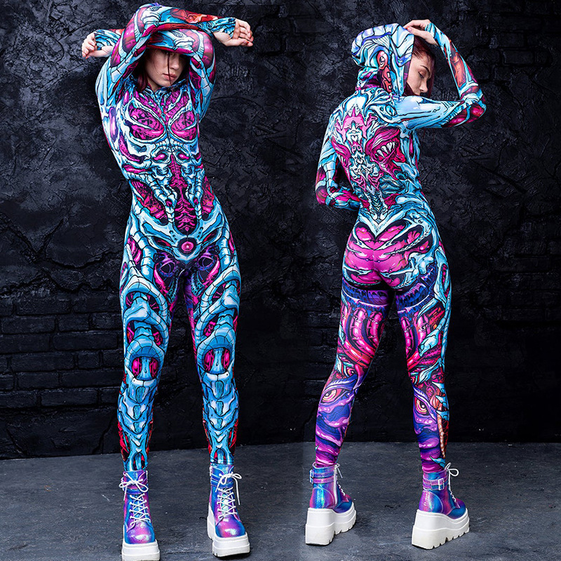 FD515 Women's 2022 New Print Halloween Skull Head Costume Horror Zombie Onesie Uniform