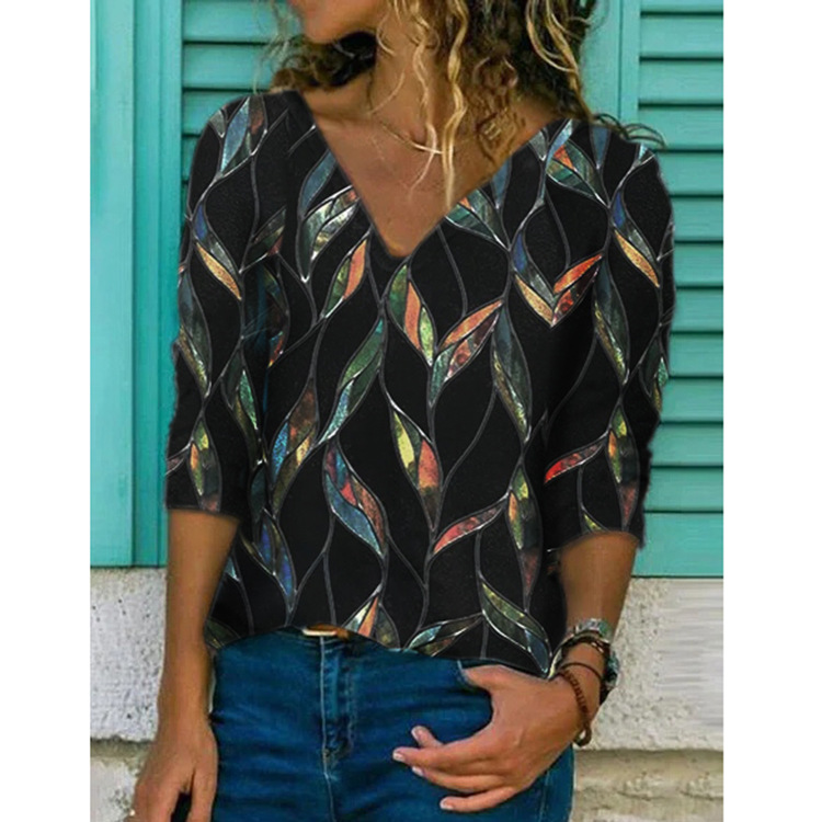 2023 European and American cross-border autumn and winter New WISH independent station popular V-neck loose pullover printed long sleeve women's T-shirt