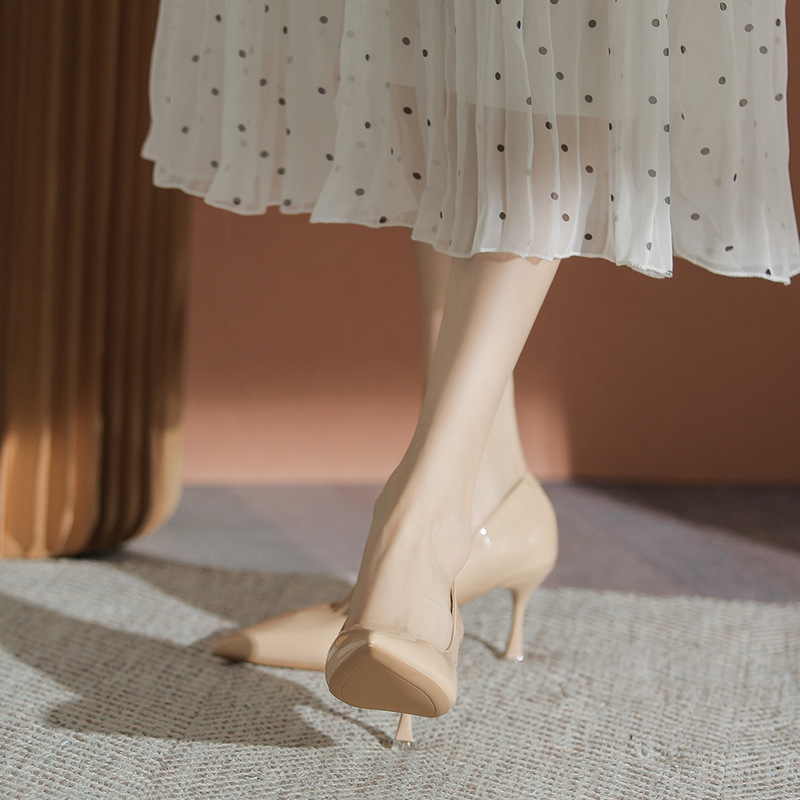 Nude Color Patent Leather High Heels Stiletto Heel All-match Simple Fashion Pointed Shallow Mouth Single-layer Shoes 2022 Autumn New Single-layer Shoes for Women