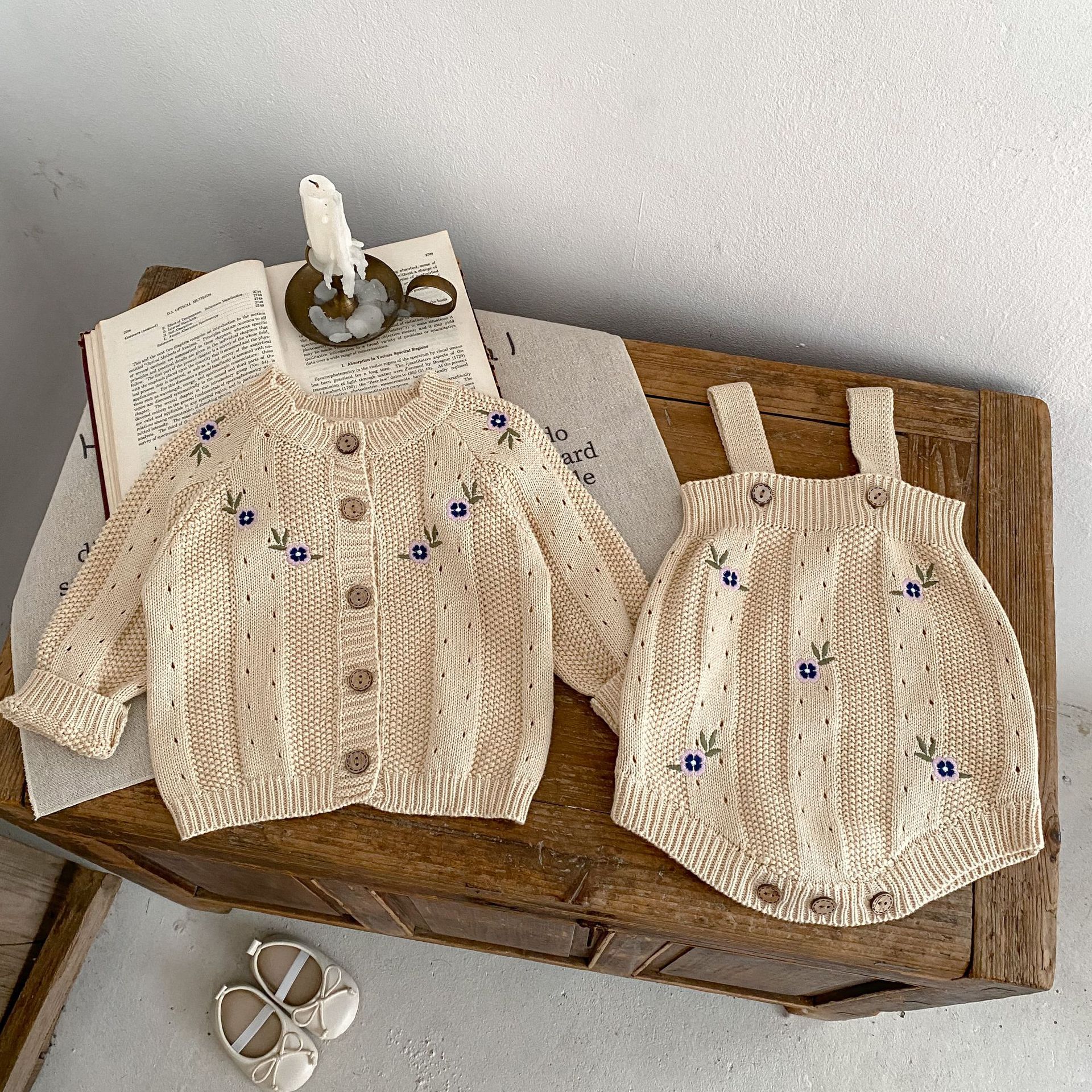 ins2023 autumn clothing baby girls' sweater baby girls' embroidered hollow knitted coat + romper optional 2-piece set