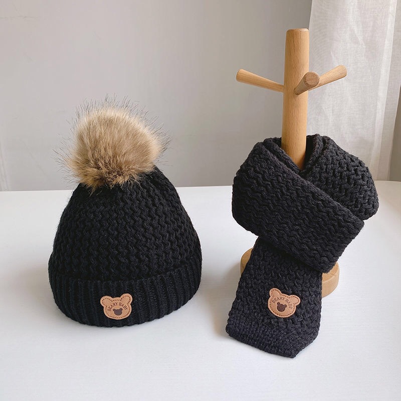 Cappello sciarpa guanti per bambini autunno e inverno set tre pezzi completo invernale caldo foderato in pile per ragazzi e ragazze berretto di lana orso_voghion.com