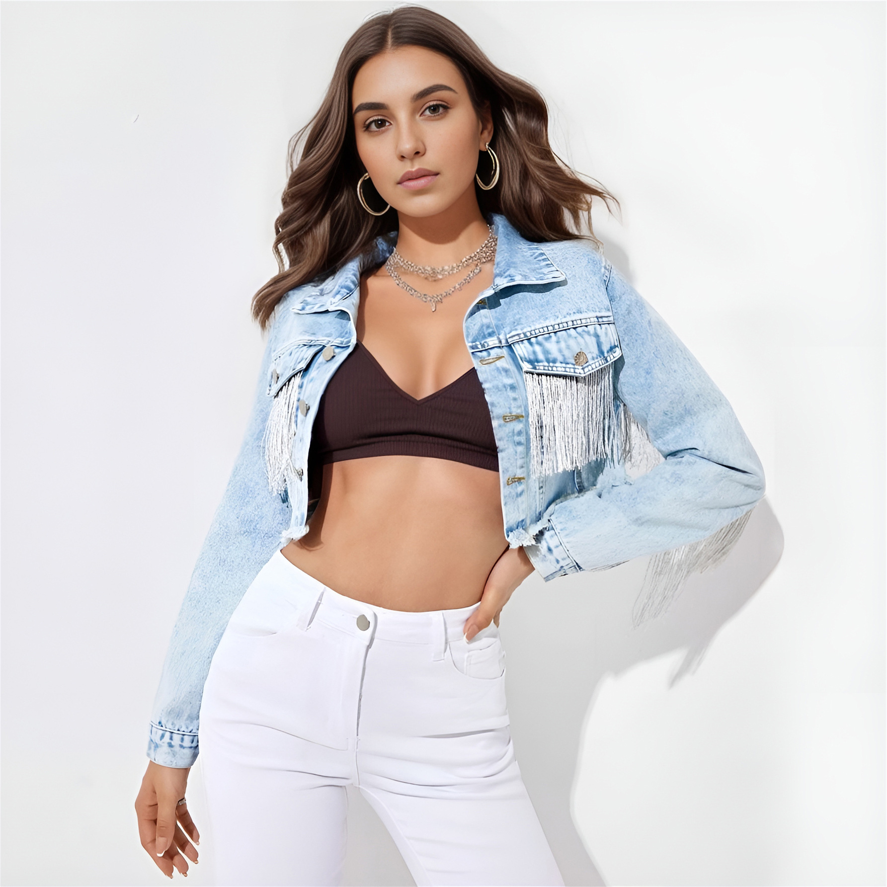 S112# Cross-border foreign trade denim jacket women SHEIN with fashion tassel stitching old denim jacket women