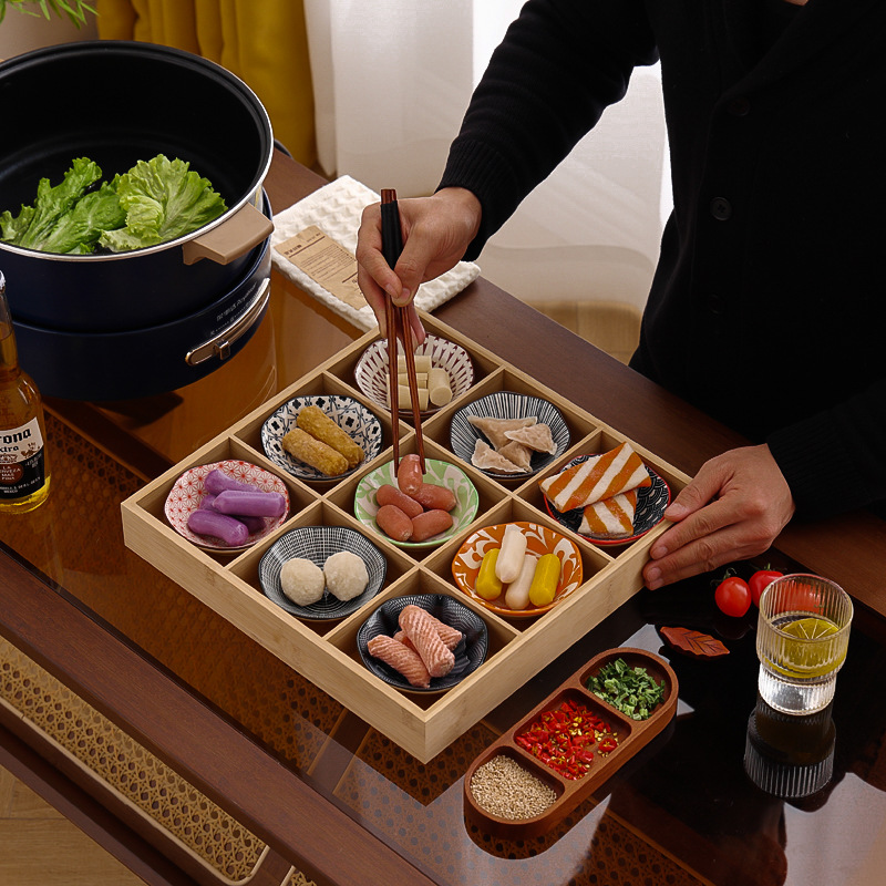 Jiugongge Hot Pot Restaurant Tableware Split Wooden Breakfast Tray Vegetables Japanese-style Food and Grockery Platter
