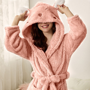 2022 Amazon hot sale Women's pocket ear cap bathrobe soft warm double-sided velvet bathrobe pajamas homewear