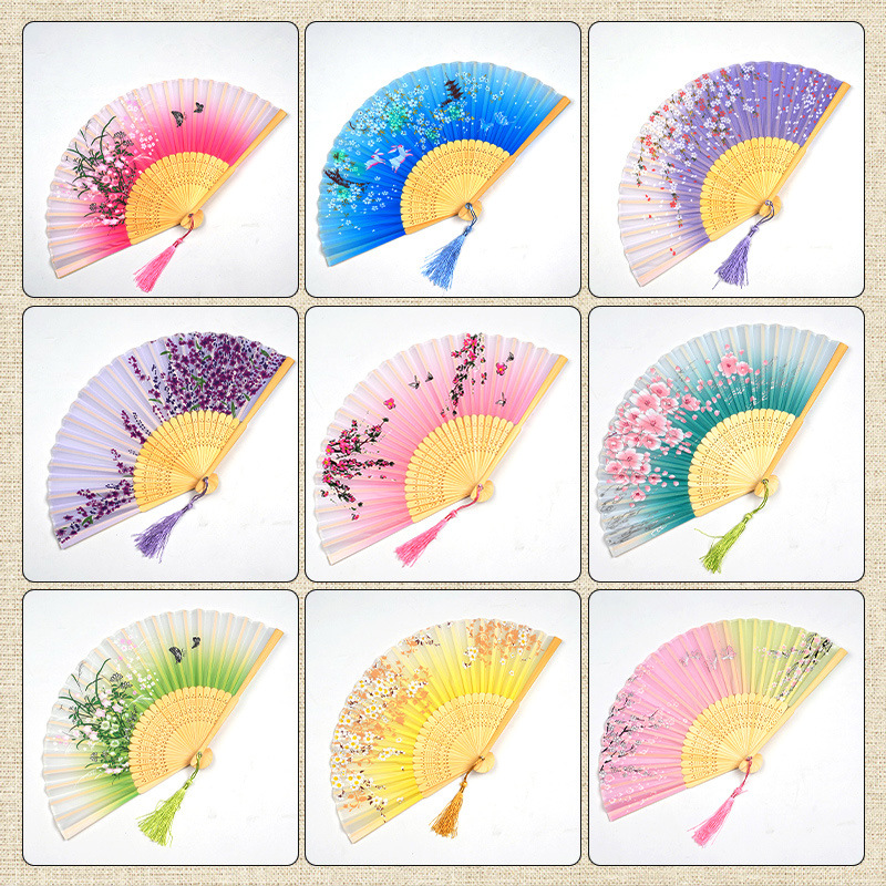 Factory bamboo two green folding fan smile fan female antique fan dance fan folding fan student gift elegant fan