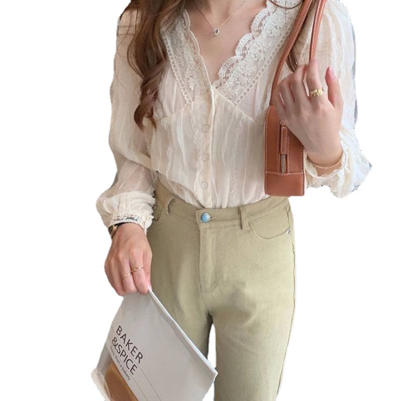 Elegant V-neck lace shirt for women 2023 Spring New Gentle all-match chiffon sweet chic small shirt