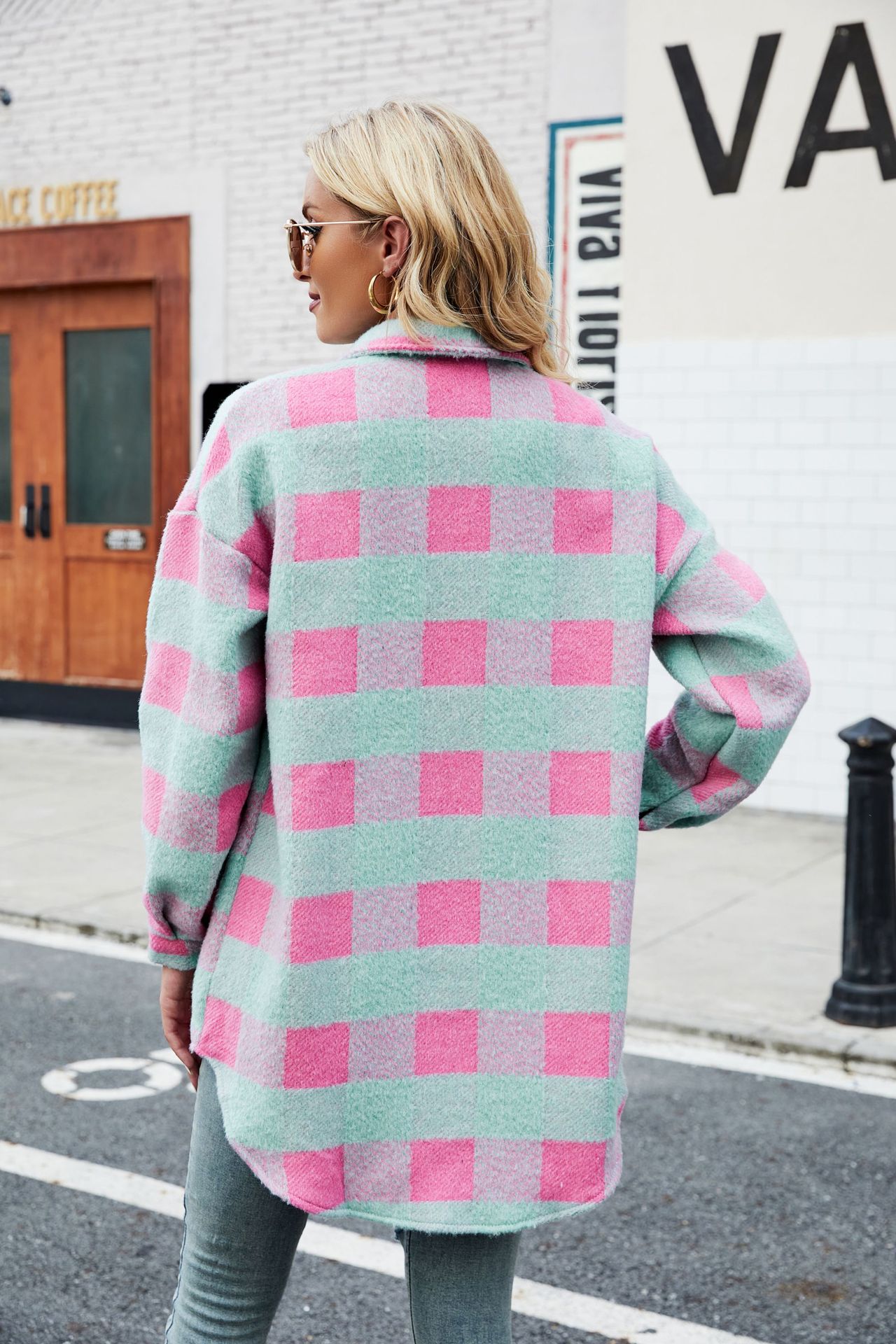 European and American Explosions Fall/Winter 2023 New Sanding Wool Coat Single-breasted Lapel Long-sleeved Plaid Cardigan Shirt for Women