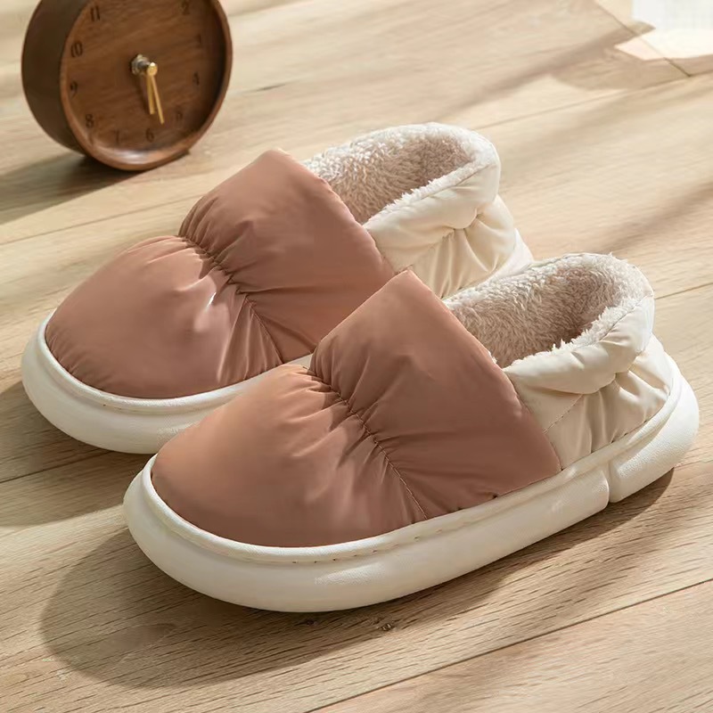 Down cloth cotton slippers for women couple home fleece-lined winter warm indoor thick sole outer wear thickened cotton-padded shoes for men