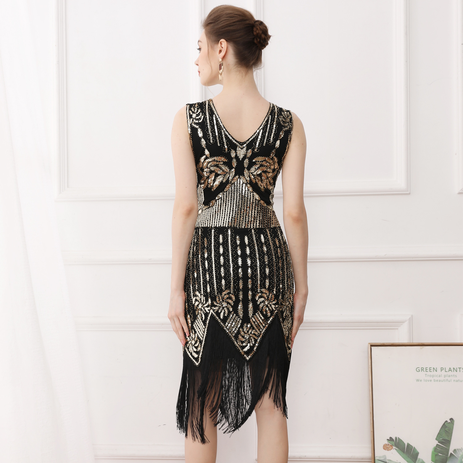 European and American Retro Gatsby Ball Dress Dance Dress V-Neck Sequins Beaded Tassel Vest Large Size Dress