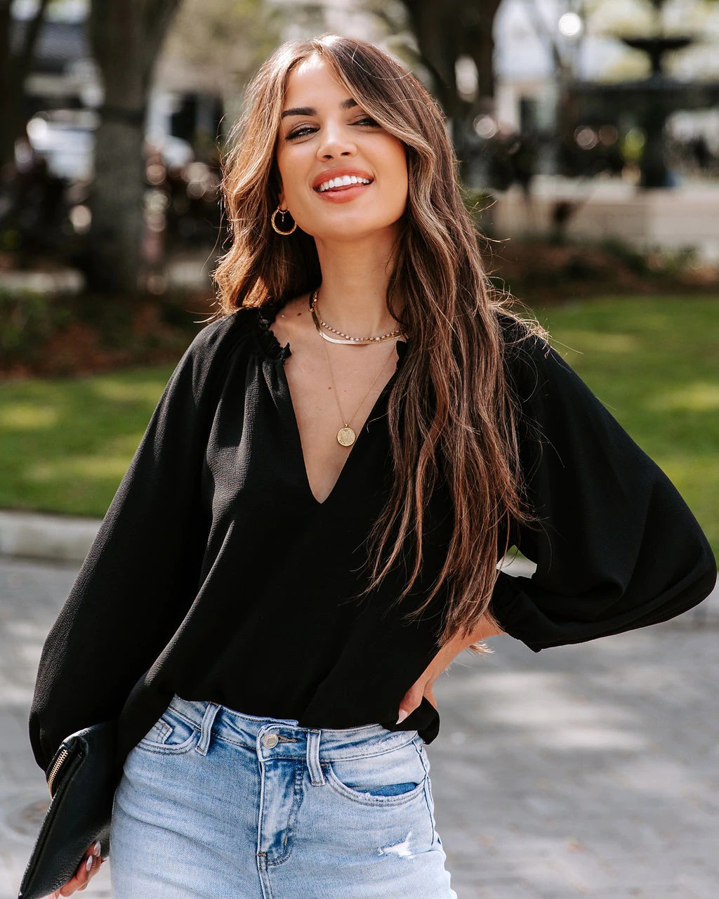 European and American Cross-border Spring and Summer New Women's Cool Long-sleeved Shirt Solid Color Casual V-neck Loose Top Women's Clothing