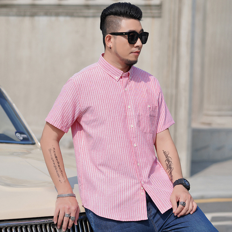 plus size Men's Summer New Short-sleeved Shirt Fat Man Business Striped Point Collar Shirt Fat Brother Amazon AliExpress