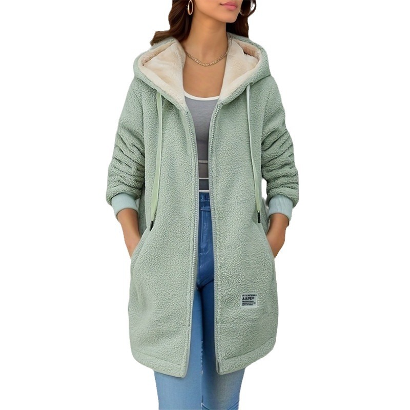 Fleece-lined thickened mid-length lambswool sweater women's cross-border 2023 new autumn and winter embroidered letter zipper coat