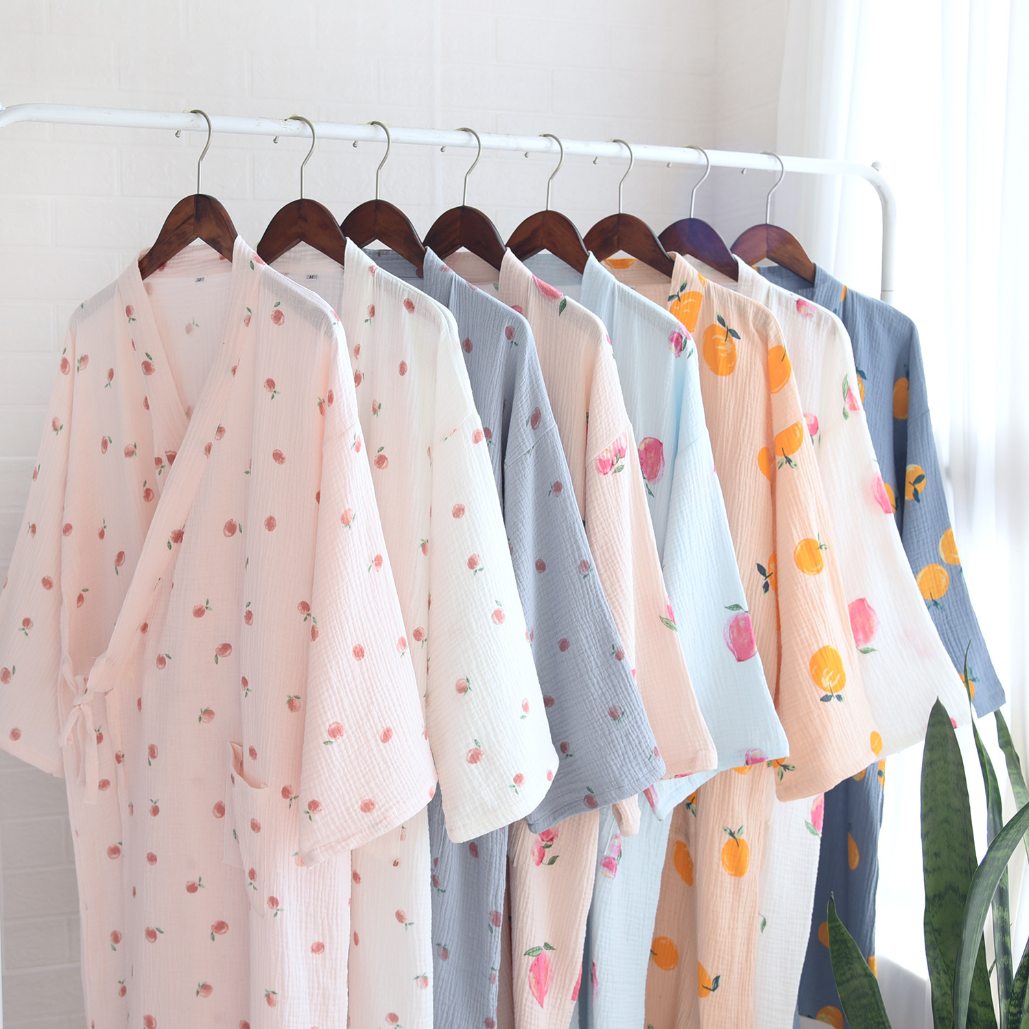 MUJI-style Fresh Japanese Style Pure Cotton Washed Gauze Long Kimono Nightgown Nightgown Cardigan Lace-up Bathrobe Sweatshirt