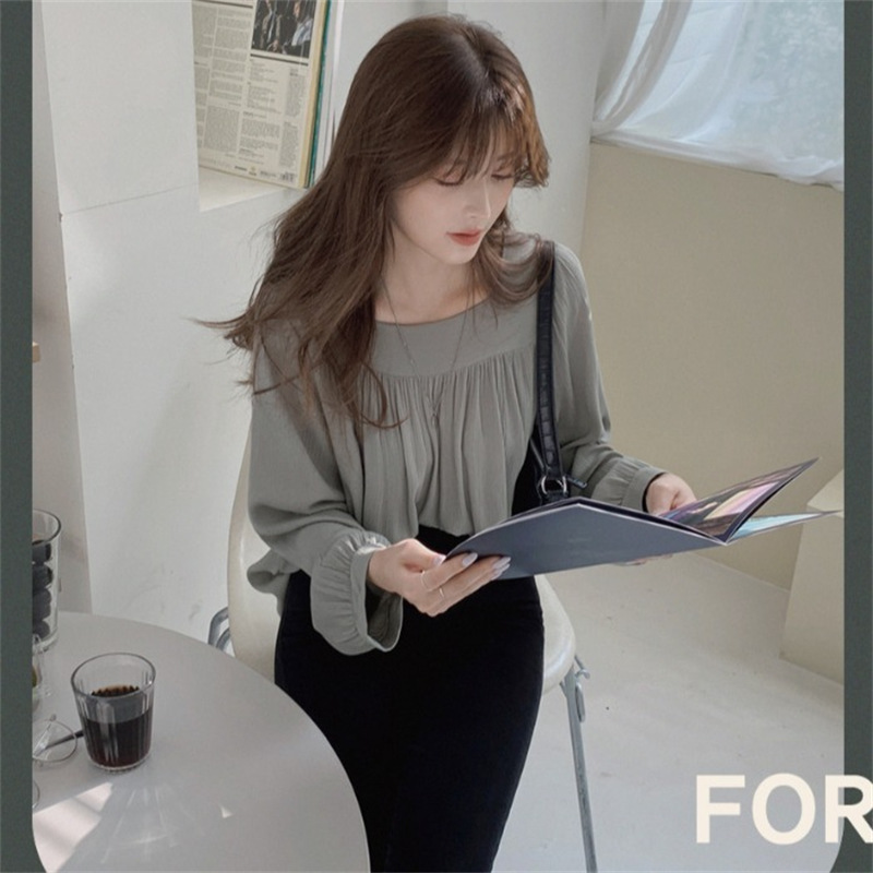 Sweet age-reducing square collar long-sleeved shirt for women 2022 New elegant French collarbone niche white chiffon shirt top