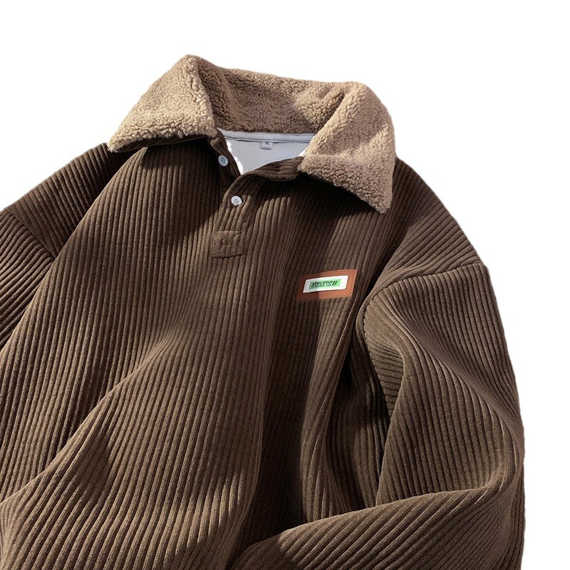 Corduroy Polo Collar Sweatshirt Men's Autumn and Winter fleece-lined Thickened Lamb Wool Coat Couple's Winter Hong Kong Style Green Less