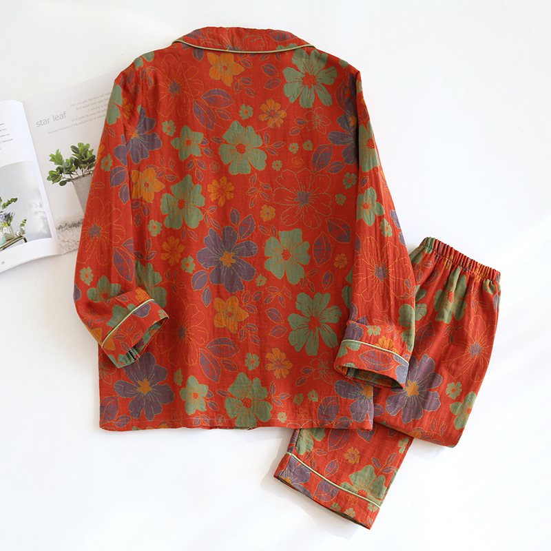 Middle-aged women's new Jacquard yarn-dyed floral cotton lapel cardigan long sleeve retro festive home wear suit