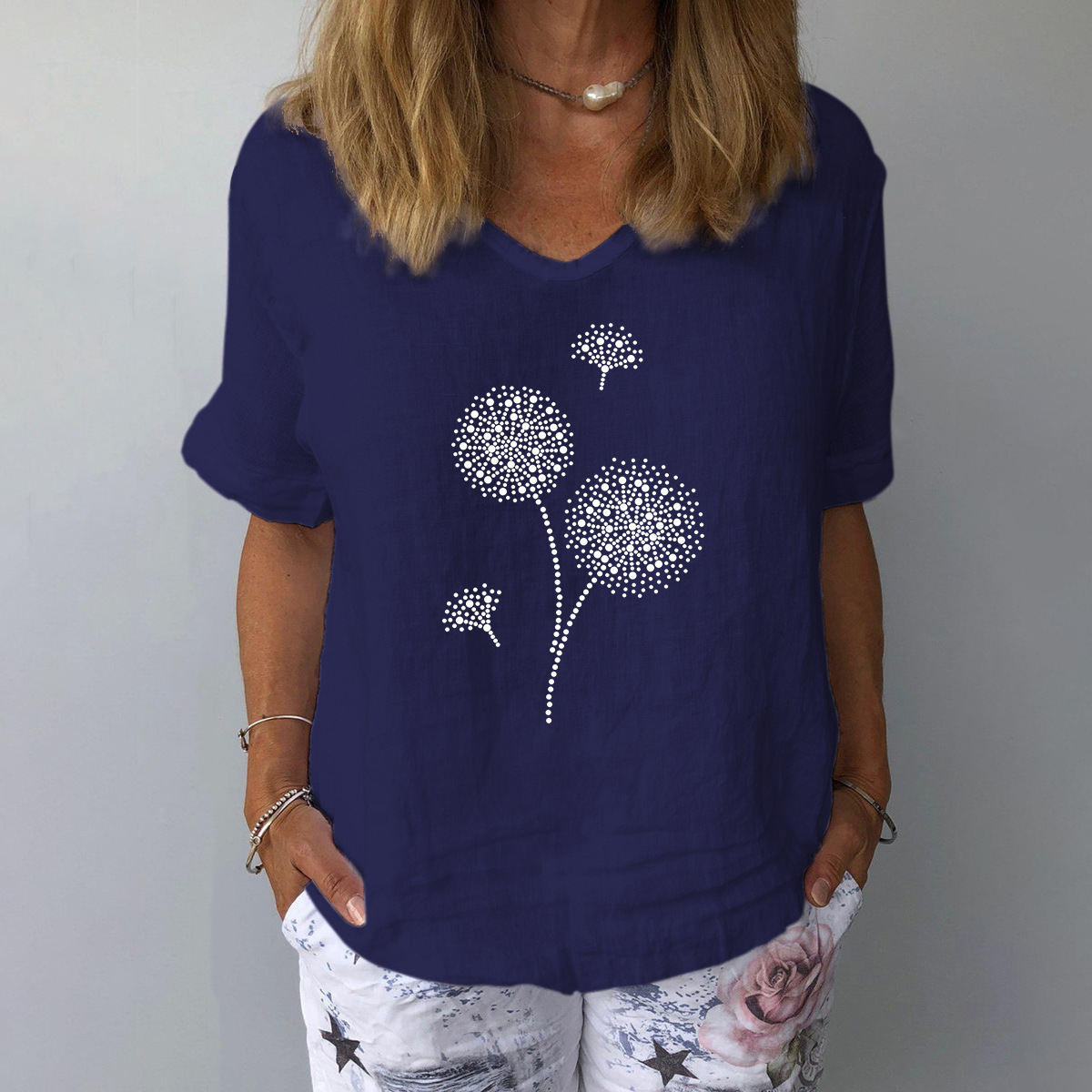 2023 Amazon Independent Station Europe and America Cross-border Best Selling Short-sleeved Cotton and Linen Loose Casual Pu Gongying Printed Top