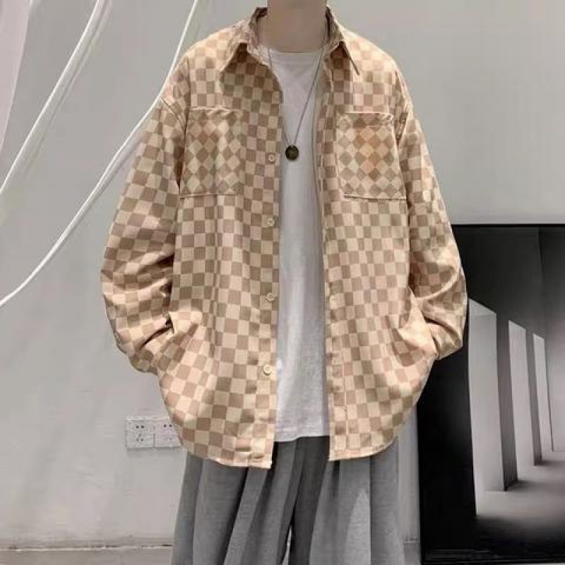 新款秋季格子長袖襯衫男韓版寬鬆潮流港風菱格紋翻領襯衣百搭帥氣