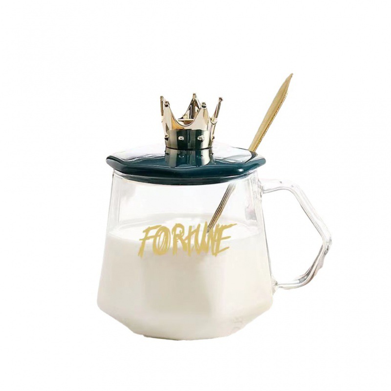 Coffee cup water cup with lid office glass Crown Cup with spoon heat-resistant cup girl handle mug