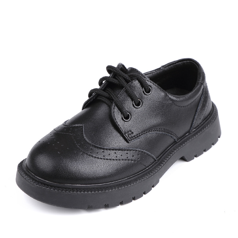 Genuine Leather Boys Black Leather Shoes Performance Shoes Children's Black English Style Student Shoes 2023 Boys Small Leather Shoes Soft Sole