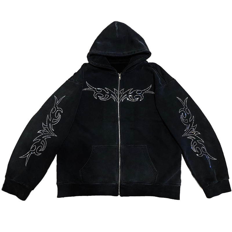 Halloween European and American style 2022 autumn and winter New hoodie round neck loose letters rhinestone zipper sweater waffle