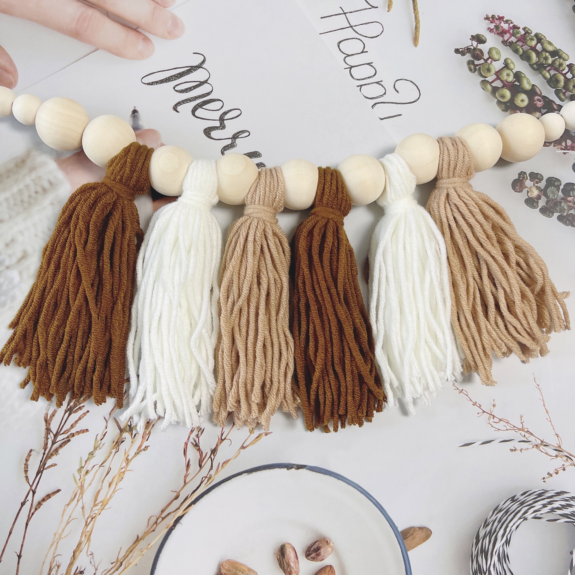 ins Amazon European and American pastoral style wood color colored wool wooden beads tassel string handicraft decorative ornaments