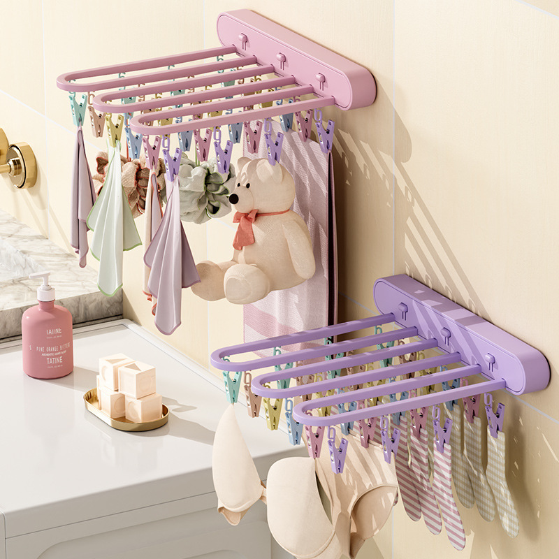 Multi-functional clothes hanger for airing socks artifact for drying underwear multi-clip retractable folding household bathroom balcony punch-free