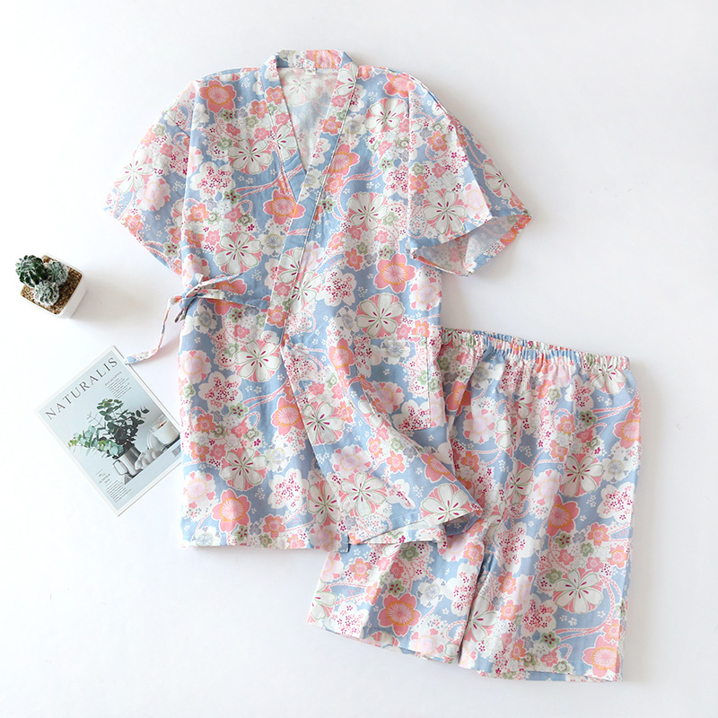 New Style Pajamas Women's Summer Cotton Gauze Japanese-style Kimono Girl's Thin Short-sleeved Shorts Home Clothes Suit Very Plain
