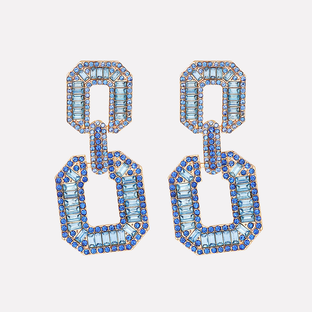 JURAN歐美新款幾何連環耳釘鑲鑽玻璃鑽合金耳釘個性女飾品earring