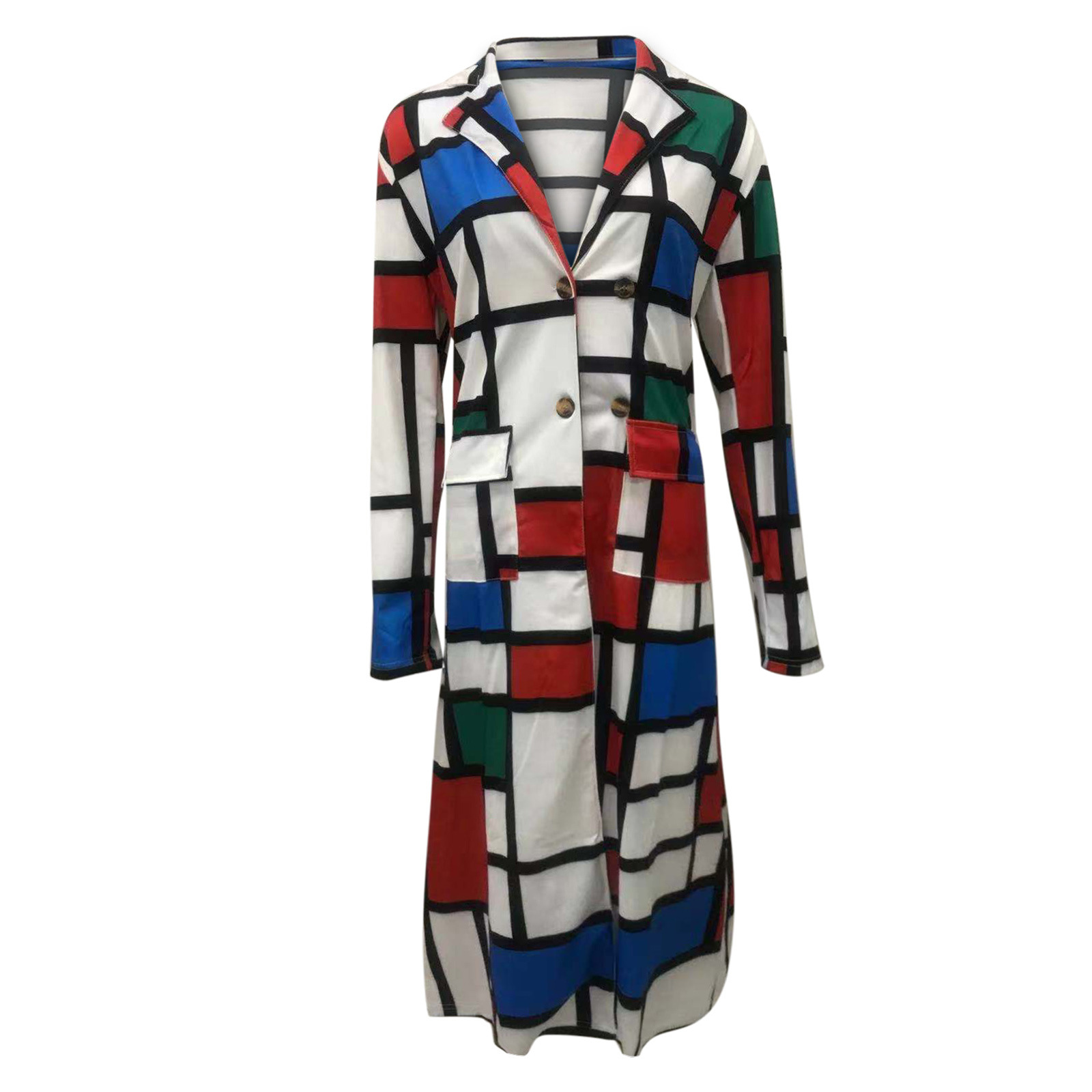 Autumn and winter New trench coat cross-border European and American plus size plaid printed double-breasted lapel coat coat women's coat_voghion.com