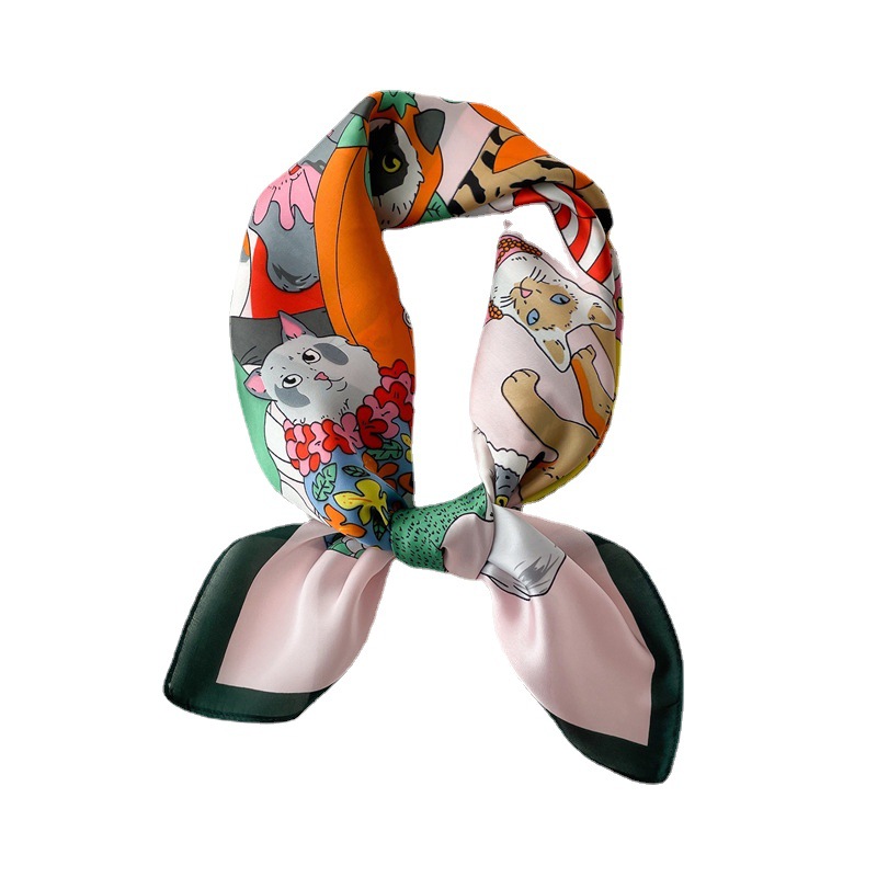 Spring and Summer Cartoon Cute Silk Scarf Small Square Silk 70cm Scarf Women's Korean Style Cat Hair Belt Decorative Headscarf
