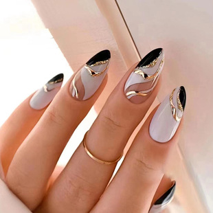 Sweet cool European and American ins style black and white mandarin duck color almond nail art fashion nail art Foreign trade cross-border nail art practice