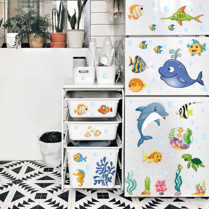 Cartoon Children's Room Ocean Fish Dolphin Decorative Wall Sticker Baby Swimming Pool Bathroom Wardrobe Notebook Sticker