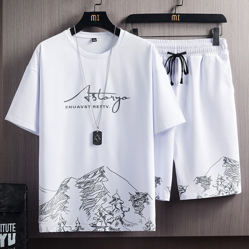 Sports suit men's summer short sleeve 2022 new trendy simple half sleeve printed T-shirt casual shorts set