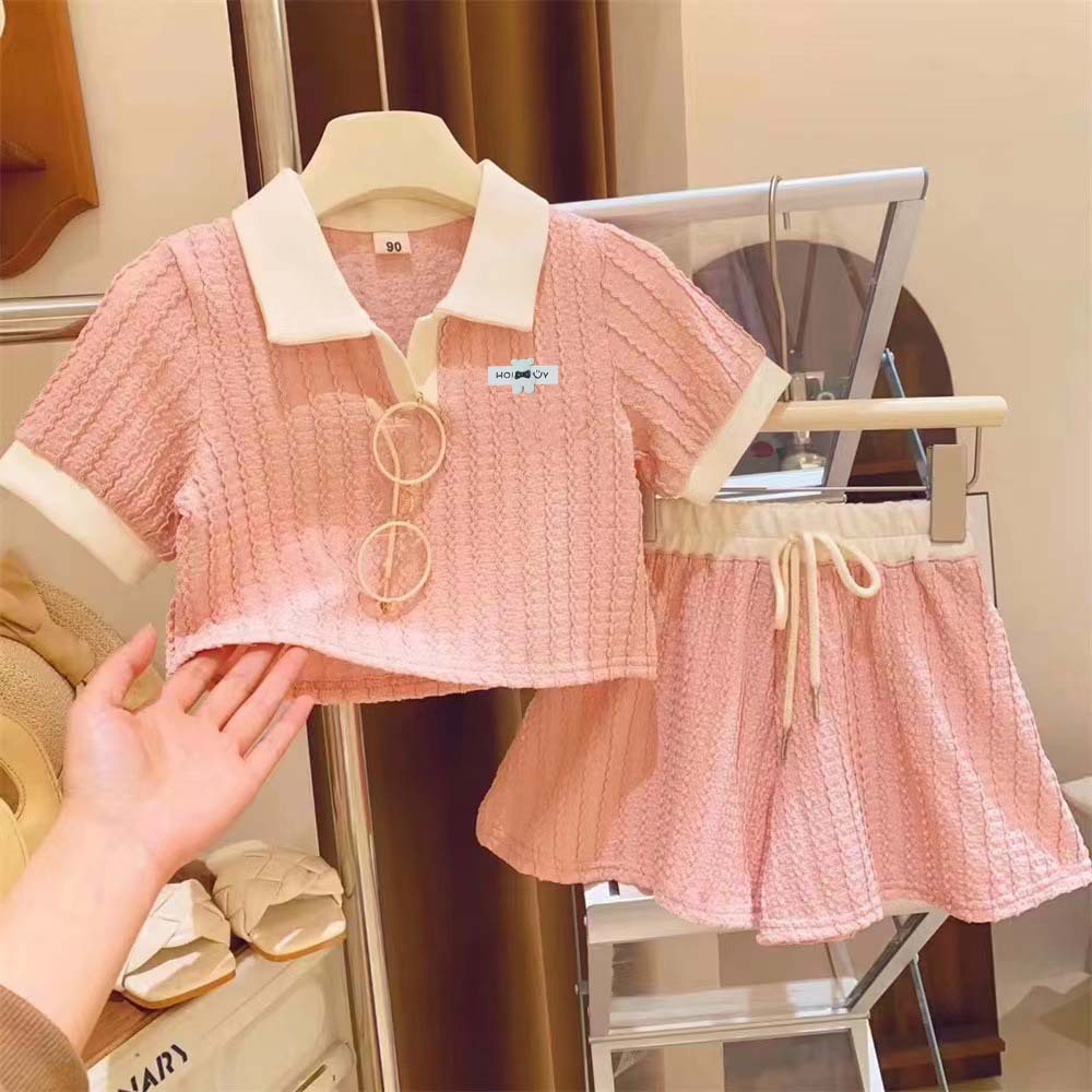 Girls' Set Polo Collar Edge Short-sleeved Base Shirt Shorts 2023 Summer New Sweet Baby Girl Two-piece Set