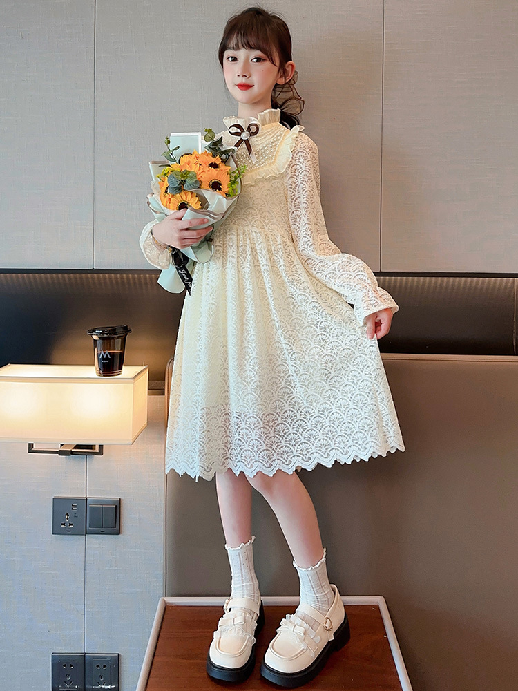 女童連衣裙春秋款2024新款洋氣女大童公主裙蓬蓬春季蕾絲網紗裙子