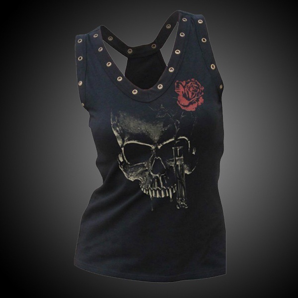 Ou Code Cross Border Spring and Summer Women's Black Vest New Skull Rose Print Dark Style Sleeveless Top
