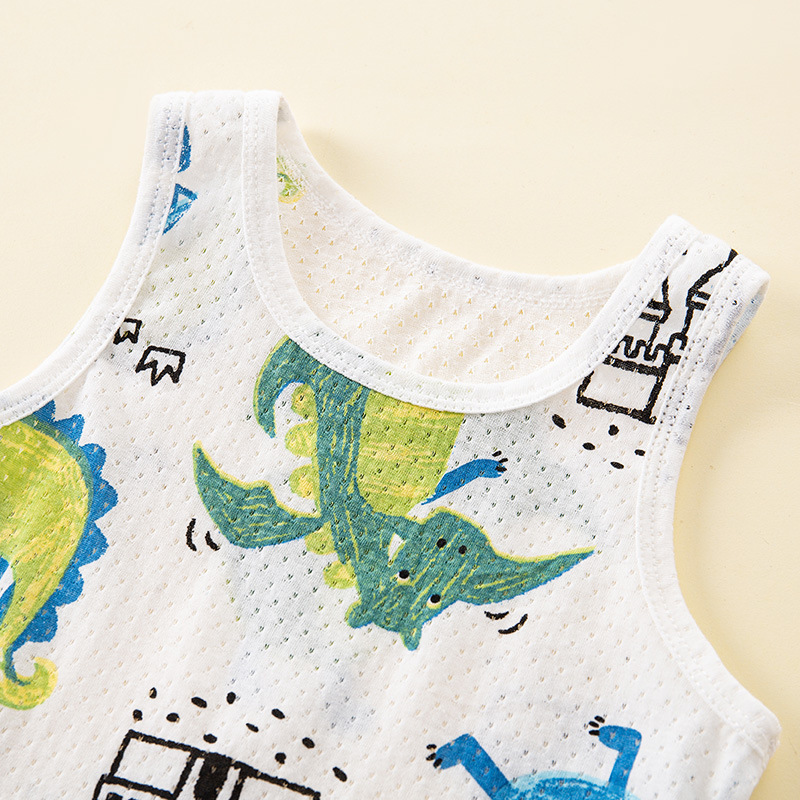 Summer New Children's Mesh Printed Vest Shorts Set Small and Medium-sized Boys and Girls Pure Cotton Breathable Base Home Clothes